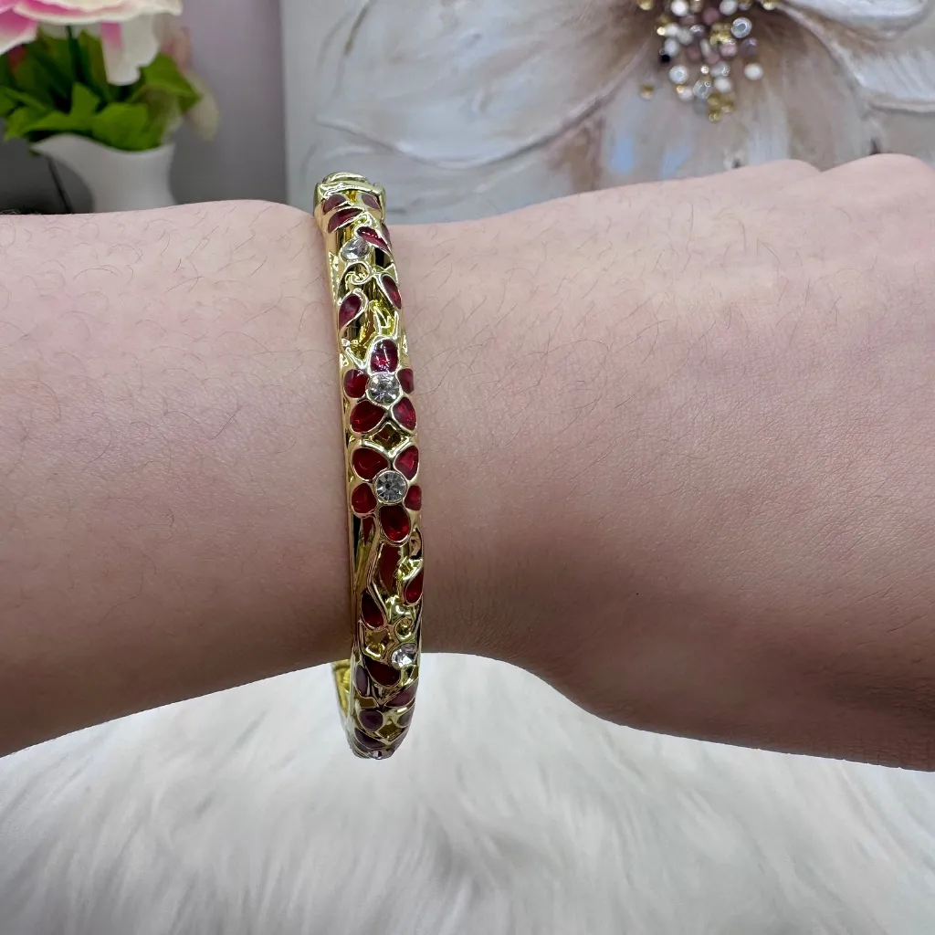 Elegant Cherry Florals Cloisonne Bracelet Bangle Gold - Image 4