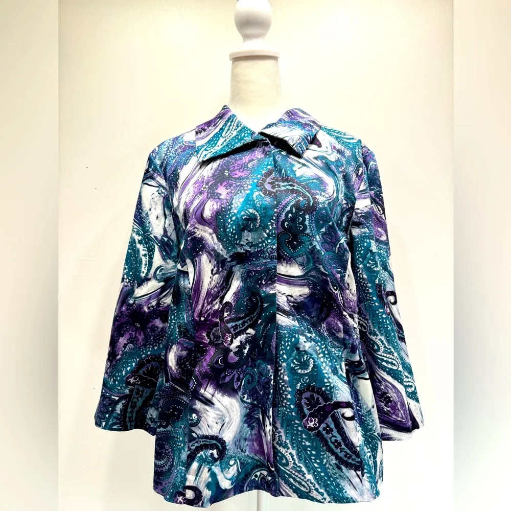 Chico’s Purple Turquoise & Gray Paisley 3/4 Sleeve Snap Front Collared Jacket - Image 2