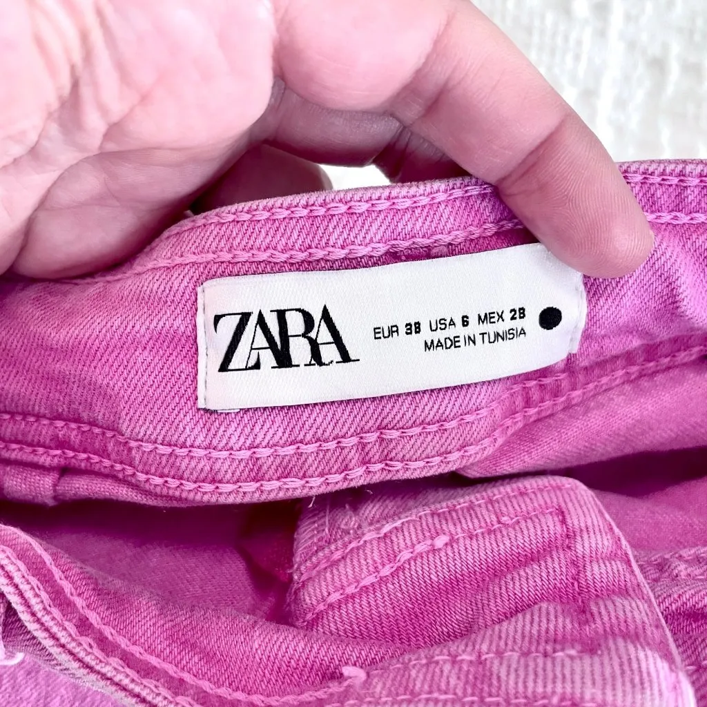 Zara Marine Straight Leg Jeans Pink Distressed Hem Size 6 Y2K - Image 3