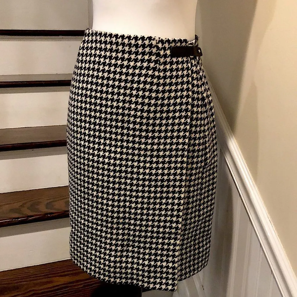 RALPH LAUREN Black White Houndstooth Wool Lined Wrap Skirt Leather Closure Sz 4 - Image 2