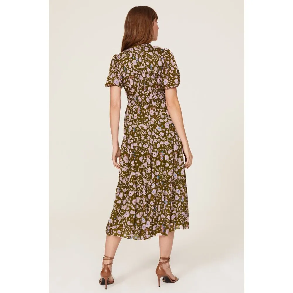 DIANE VON FURSTENBERG Green Pink Floral Blossom Crewneck Midi Dress Size 6 - Image 3