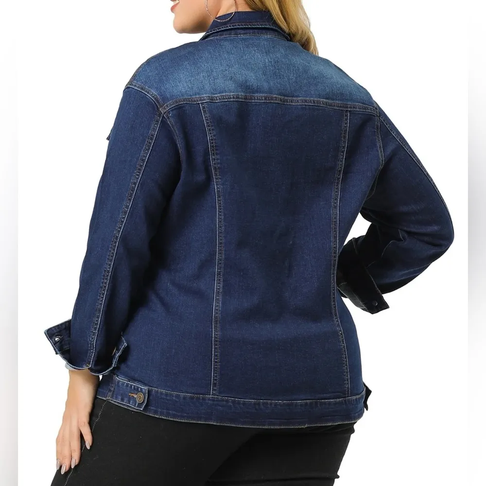 Women's Plus Size Long Sleeve Button Front Washed Denim Jacket Blue - Image 2