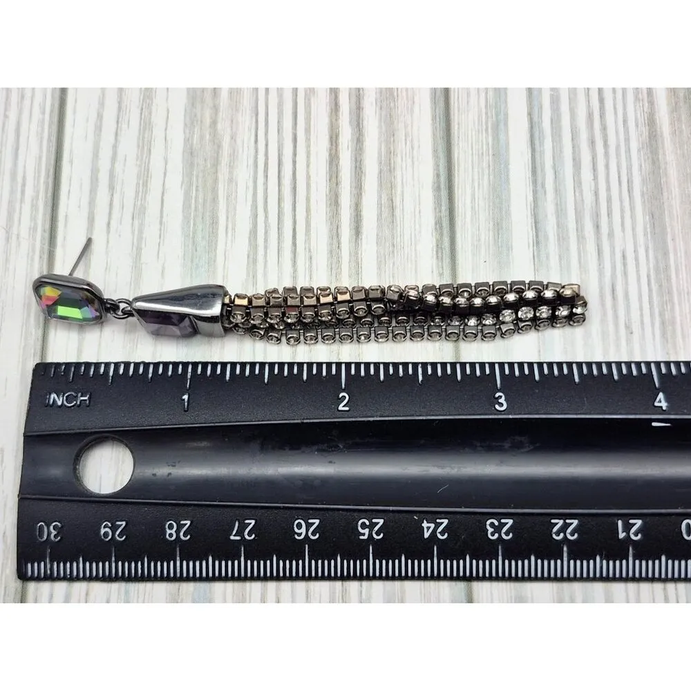 DKNY Gun Metal Crystal Chain Tassel Dangle Earrings Purple Iridescent 3.5" Prom - Image 7