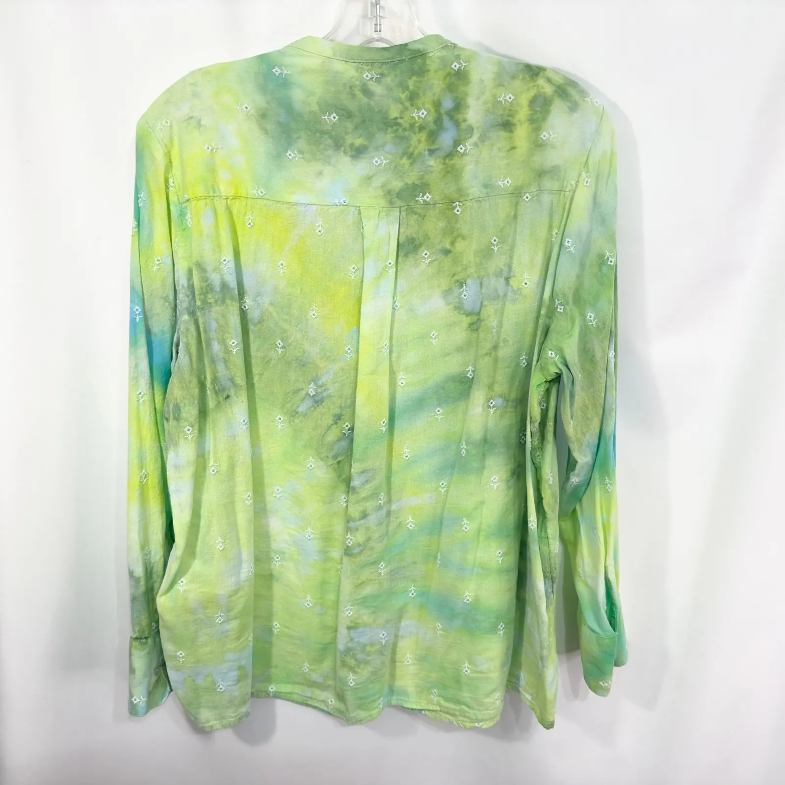 Old Navy Large Top Handmade Tie Dye Embroidered Long Sleeve V Neck‎ Green 1251 - Image 3