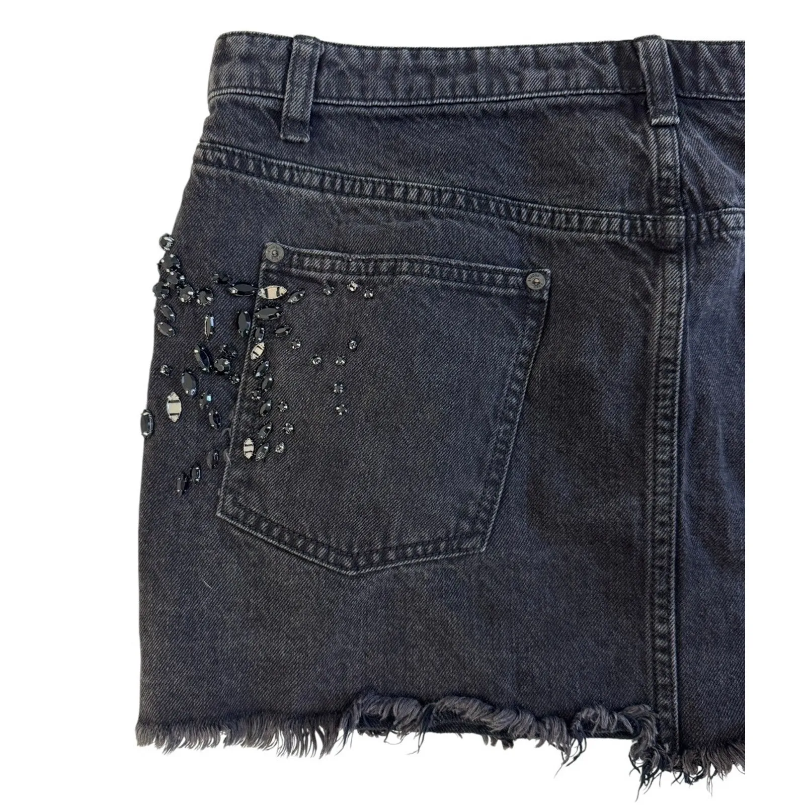 FREE PEOPLE Shine Bright Black Denim Mini Skirt Crystal Beaded Distressed Sz 12 - Image 6