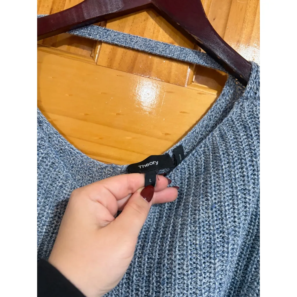 Theory Laora Linen Cotton Knit Sweater Gray Blue Size L Relaxed Rib Pullover - Image 4