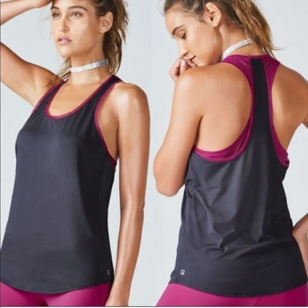 Fabletics Grey & Pink Mesh Layered Racerback Athletic Tank Top - Image 2