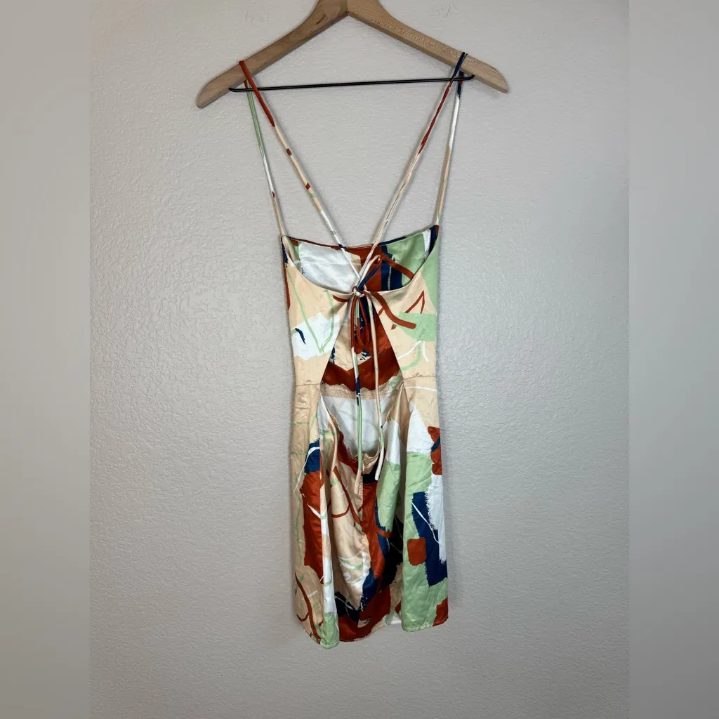 Emrata Inamorata Varick Slip Mini Dress size XS Tan Navy Green Multi - Image 7