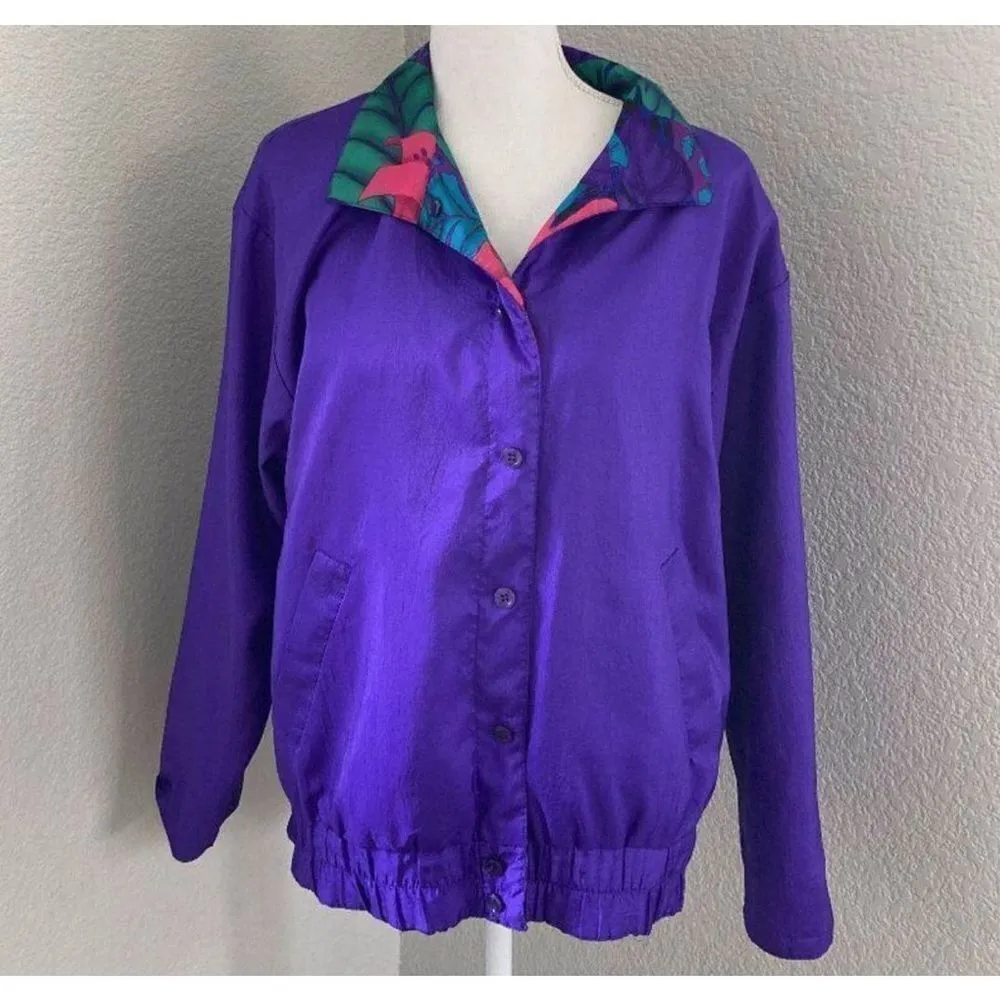 Joan Walters 90’s Vintage Purple Floral Reversible Windbreaker Jacket Size S - Image 2