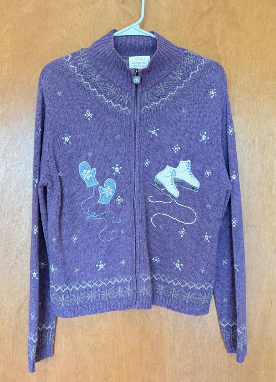 Christopher & Banks Purple Ice Skate Mittens Snowflake Sweater M Hand Embroider - Image 1