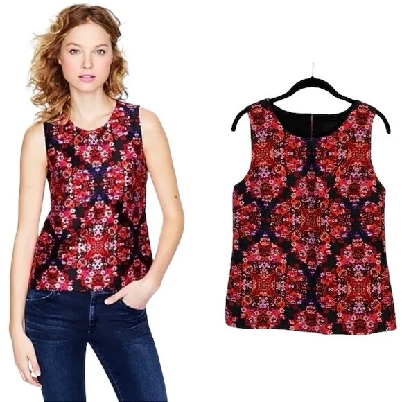 J. Crew Black Label Cherry Bouquet Floral Silk Blend Sheath Blouse Top - Image 2