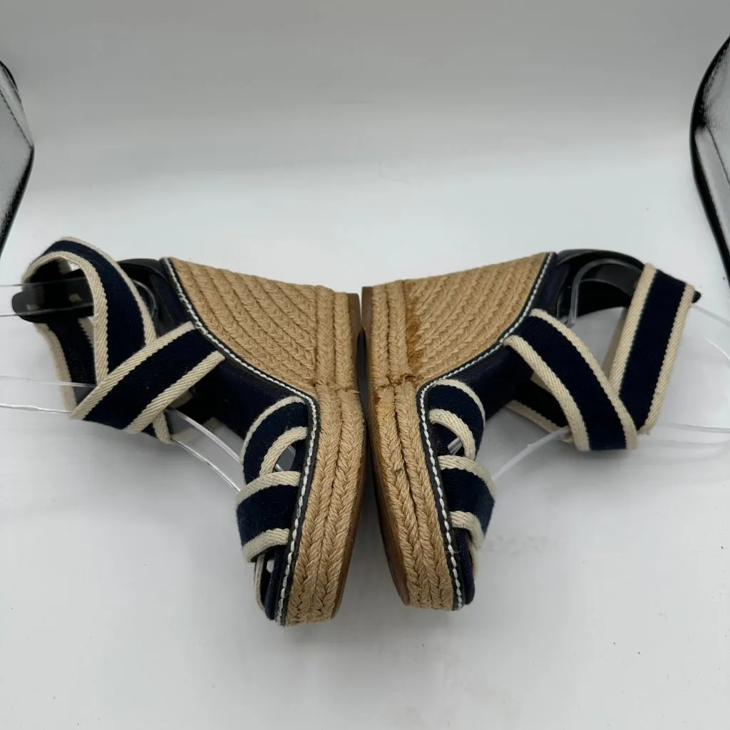 TORY BURCH Navy Blue & Cream Contrast Elastic Espadrille Wedges Women's 6B - Image 3