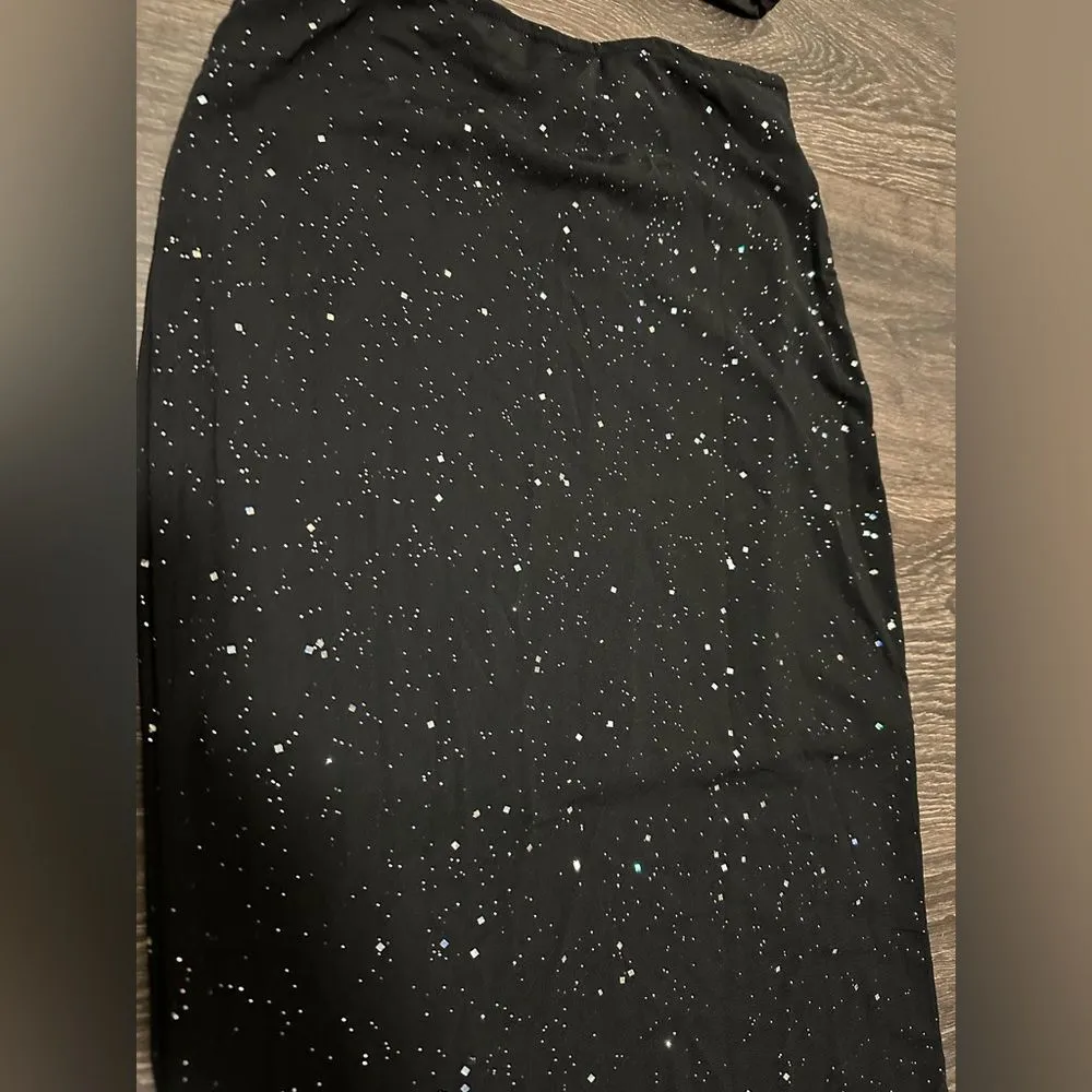 Spaghetti Strap Crop Top Maxi Skirt Glitter Bodycon Dress 2 Piece (44) Black - Image 2