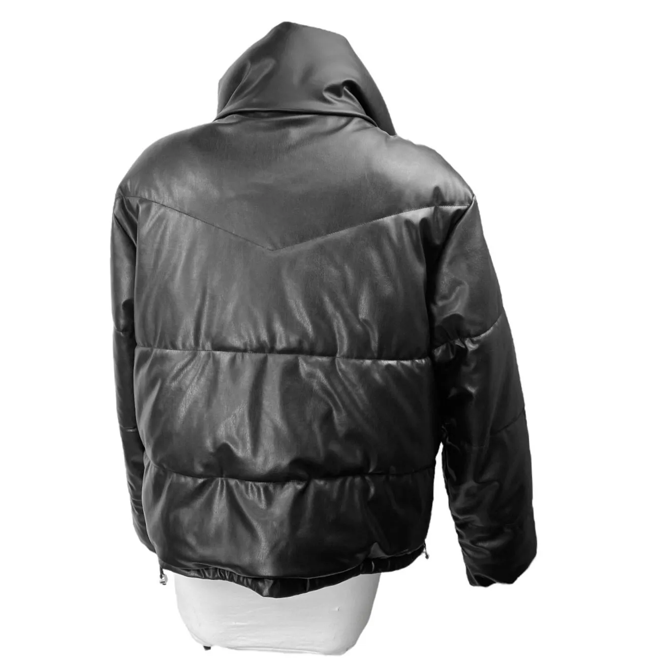 H&M Divided Black Faux Vegan Leather Full Zip Long Sleeve Puffer Coat Jacket S - Image 2