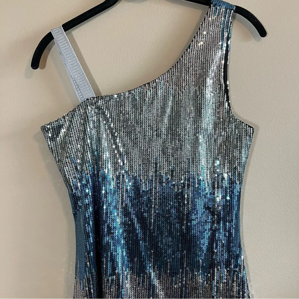 ✨ AUW Women’s Silver Blue Sequin One Shoulder Mini Dress - Image 2