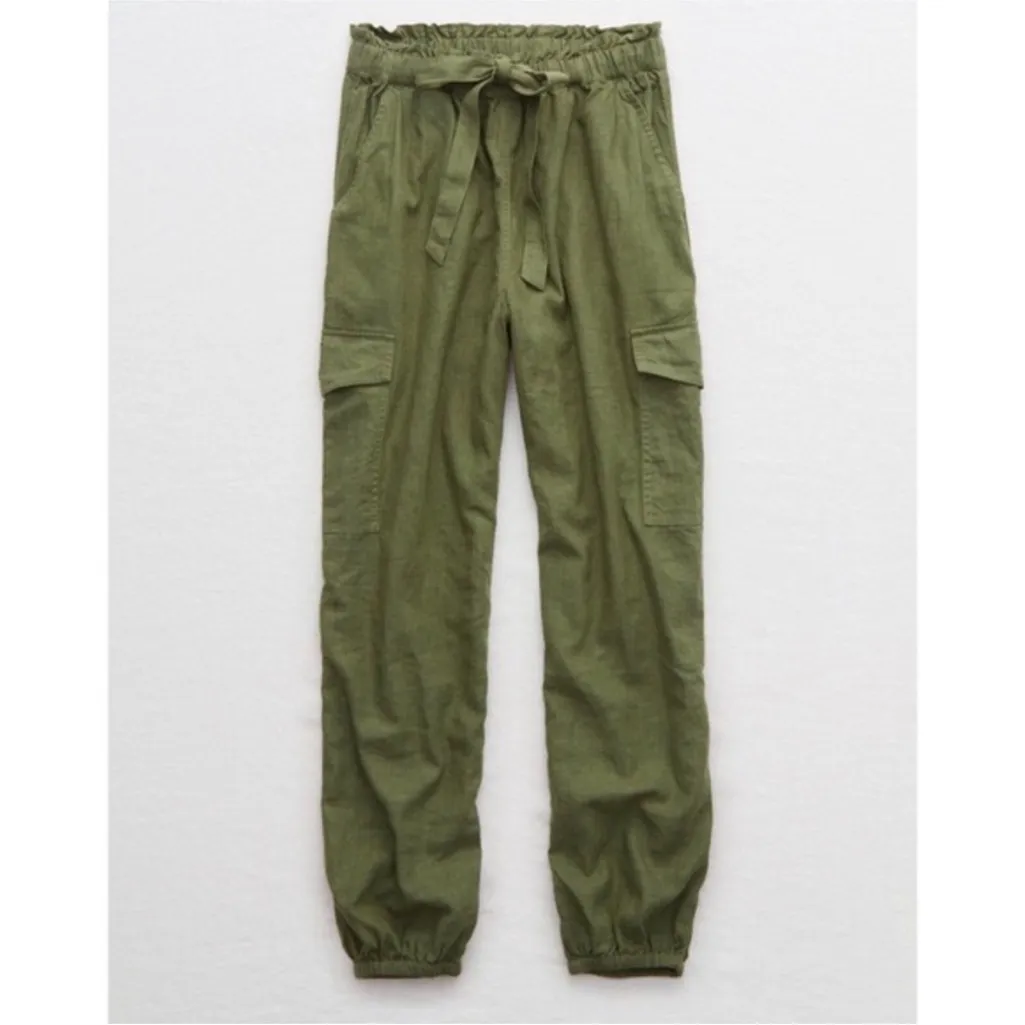 Aerie Linen Blend Paperbag Waist Cargo Joggers in Army Green Small - Image 4