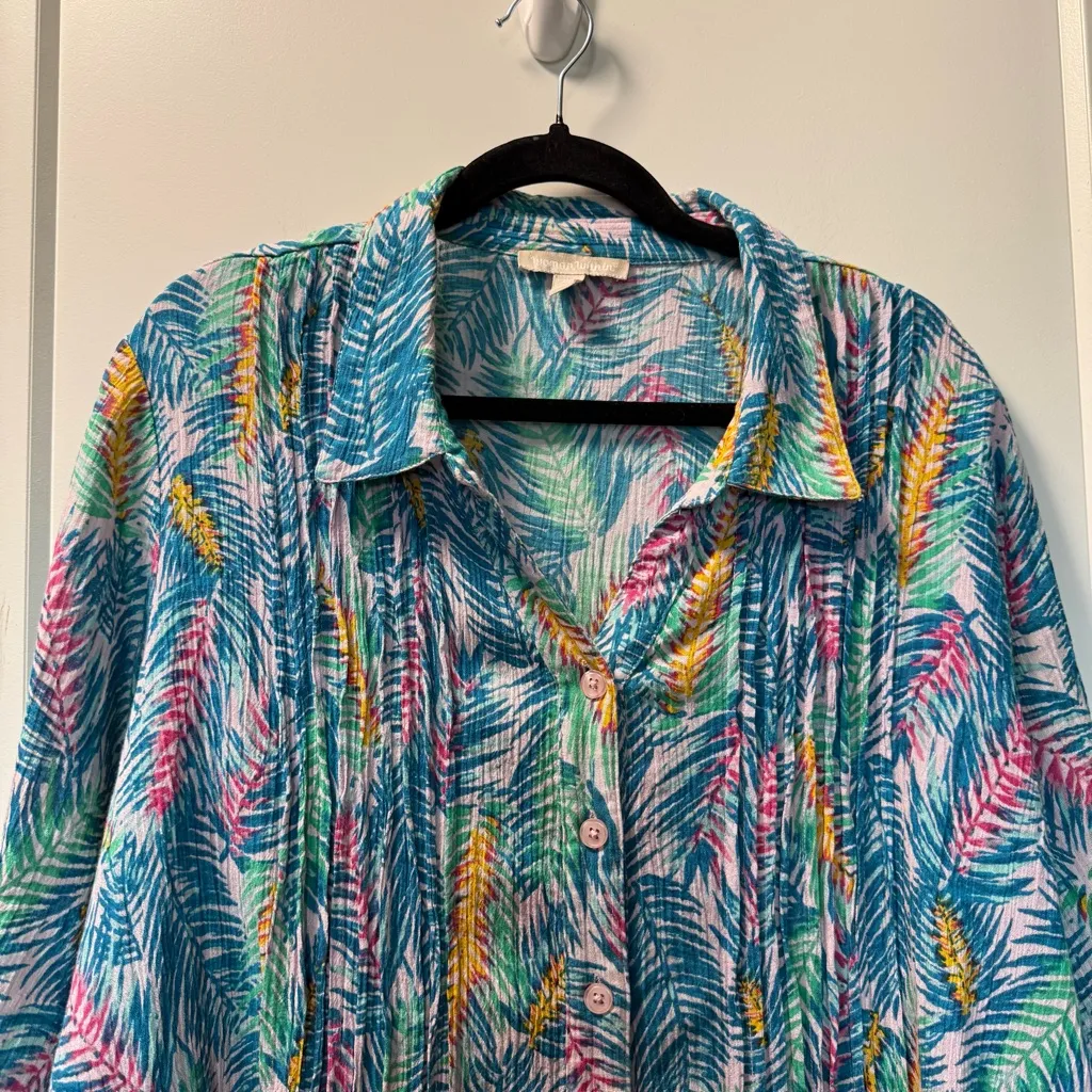 WomanWithin Oversized Tunic Top Blouse Button Front Tropical Colorful 1/2 Sleeve - Image 2