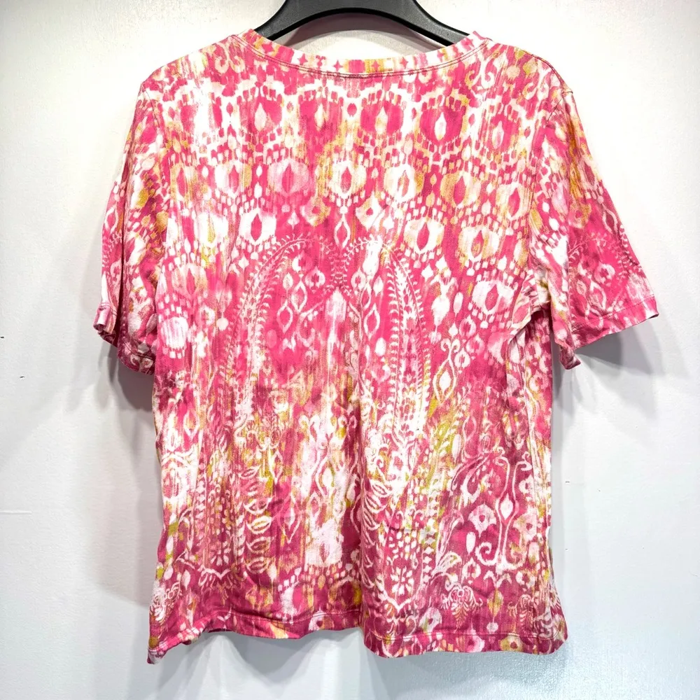 Chico’s Pink Green Ivory Aztec Ikat Paisley Print Short Sleeve V Neck Tee 2/L - Image 2