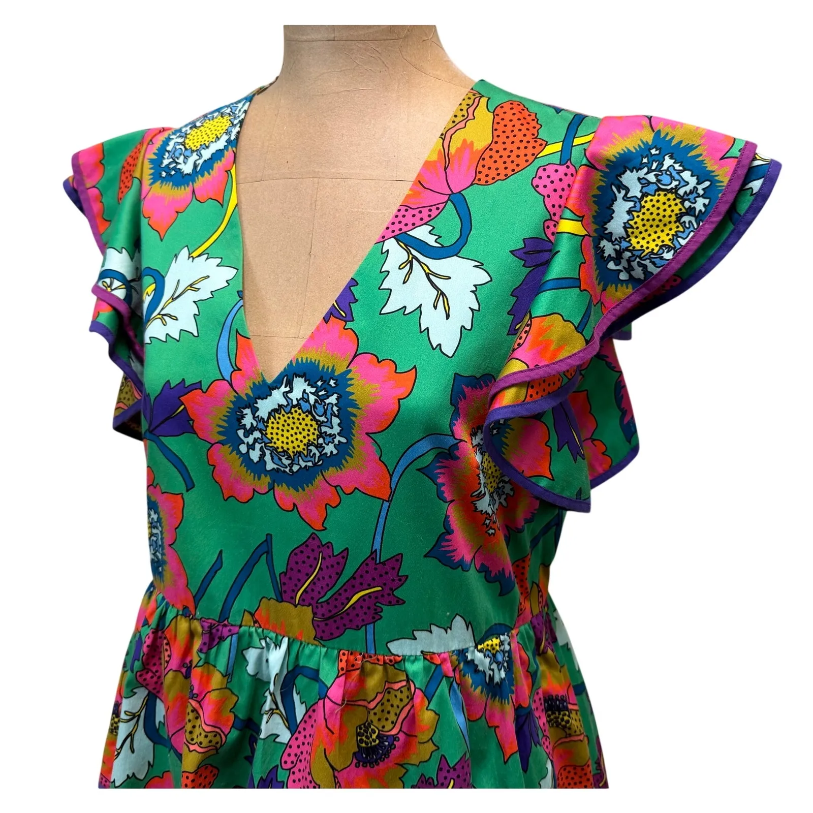 Crosby by Mollie Burch Midi Dress Cotton Green Floral Tiered Skirt Ruffle - Image 3