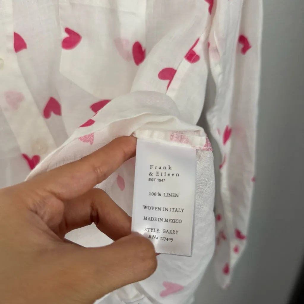 Frank & Eileen XXS Barry Button Up White Shirt Pink Hearts Linen - Image 6