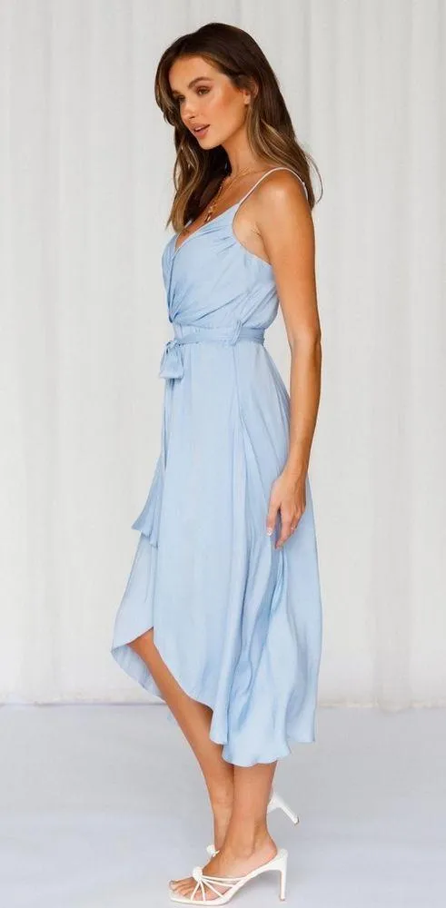 Hello Molly Fuel To My Fire Faux Wrap Midi Dress in Steel Blue Satin Size 8 - Image 3