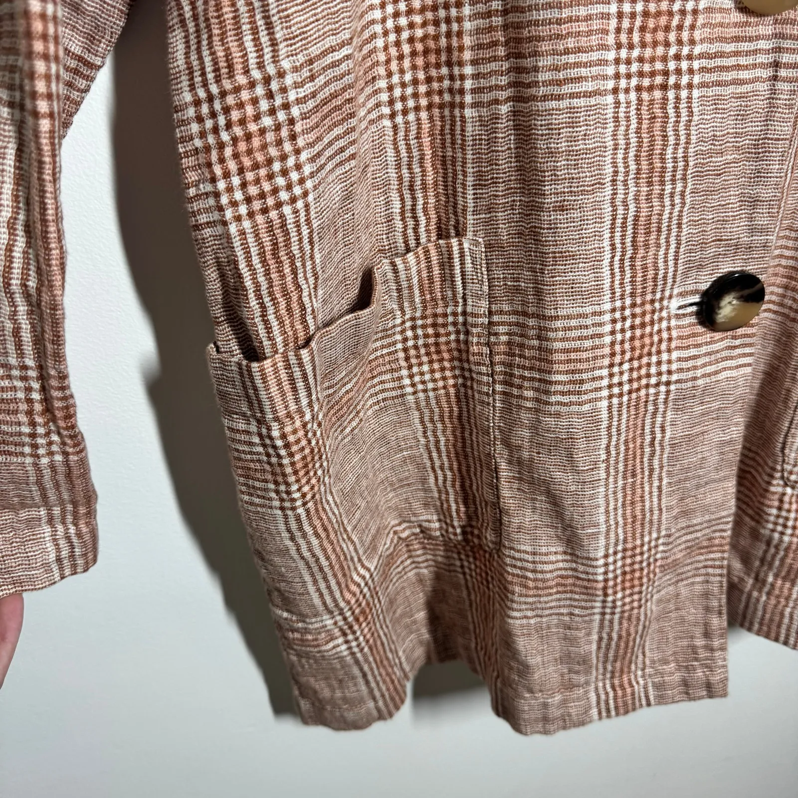 J.JILL Plaid Linen Cotton Blazer Jacket Woven M Brown OVERSIZED Fit Pockets Coat - Image 5