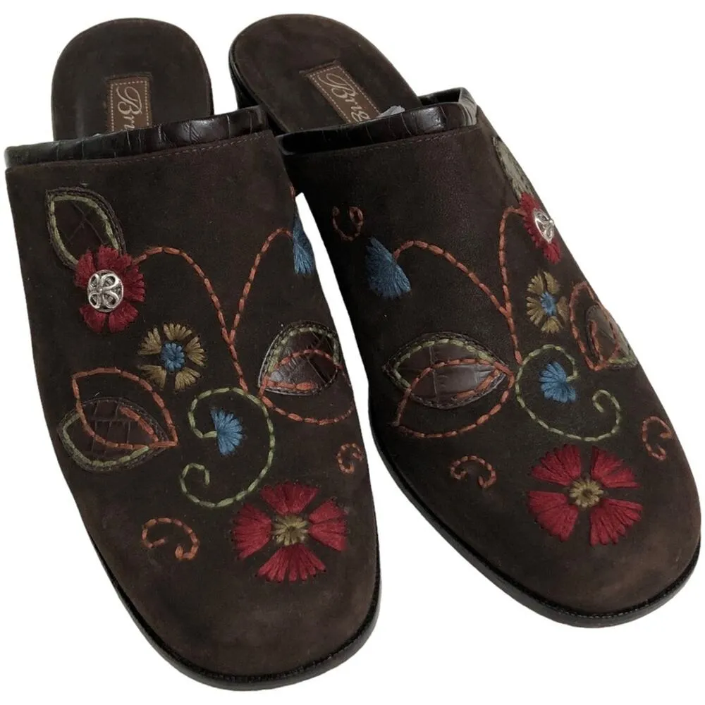 Brighton Fiona Brown Embroidered Slip On Mules 8 EUC - Image 3