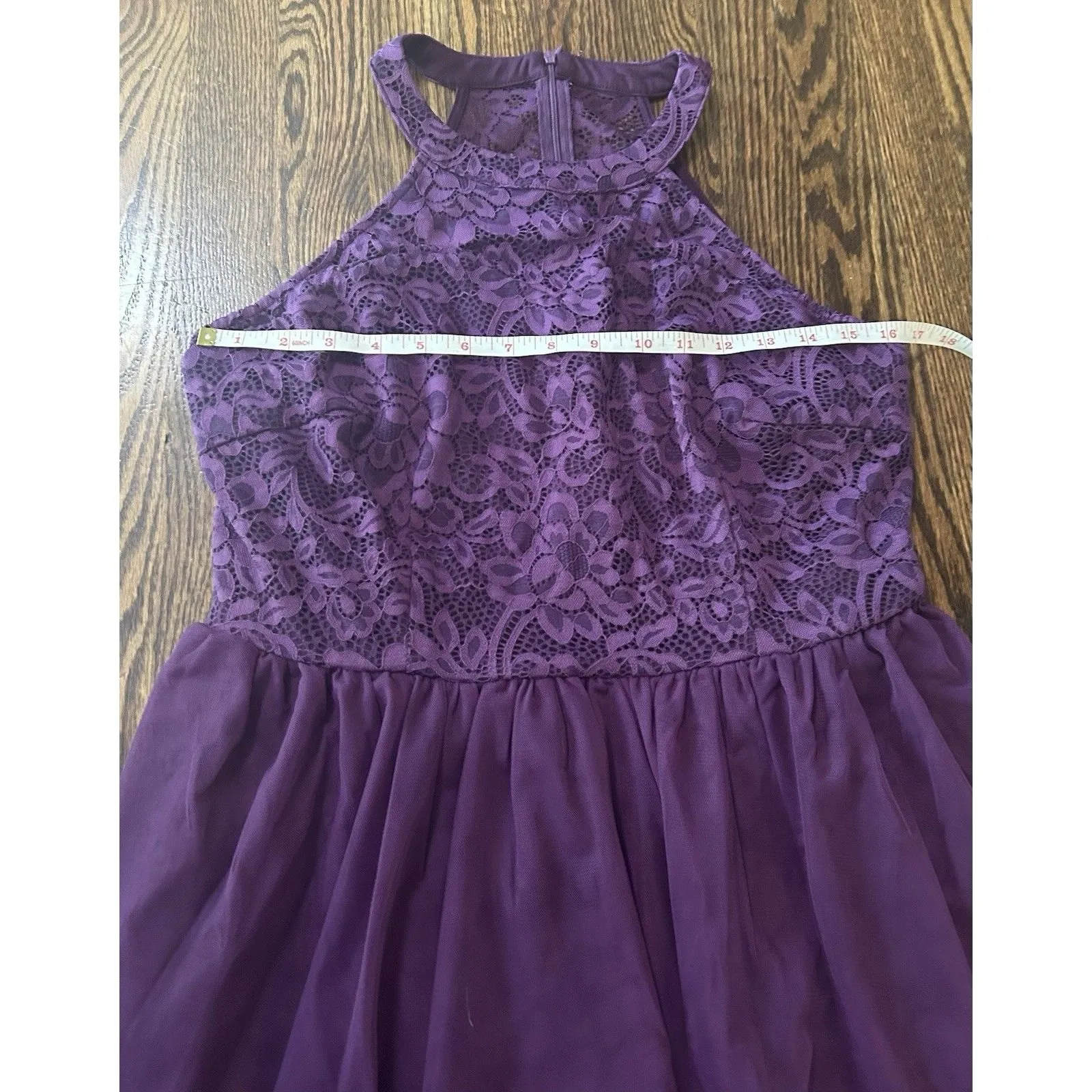 Zapaka Purple Halter Lace Floral Mini Dress Lined Zipper Size XL Party Formal‎ - Image 4