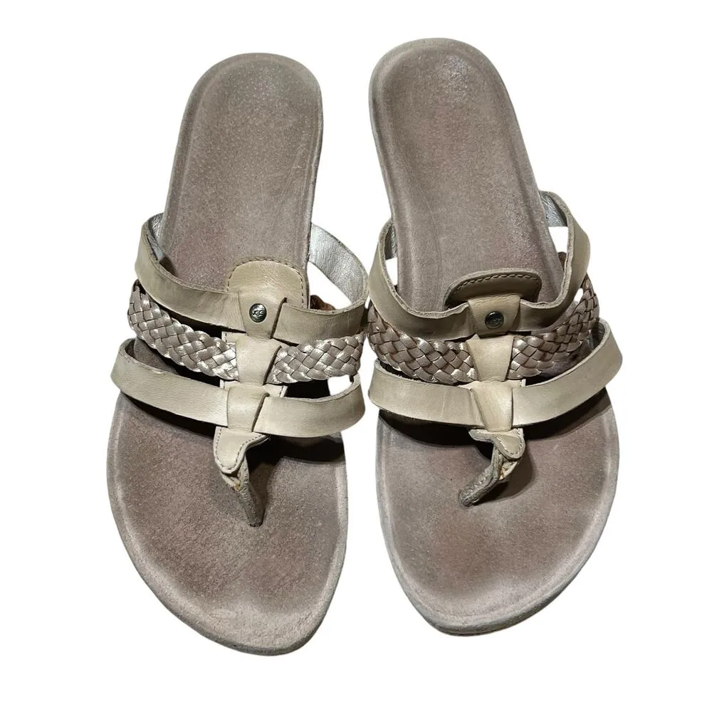 UGG Sandals Womens 8 Tan Leather Maddie Wedge Cork Slip On Braided Strap Comfort - Image 3