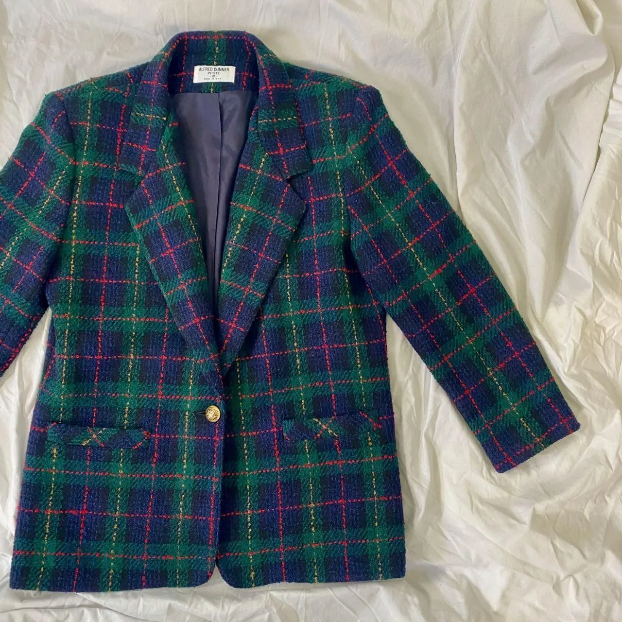 Alfred Dunner Vintage Made in USA Navy Green Wool Plaid Gingham Blazer Coat M - Image 5