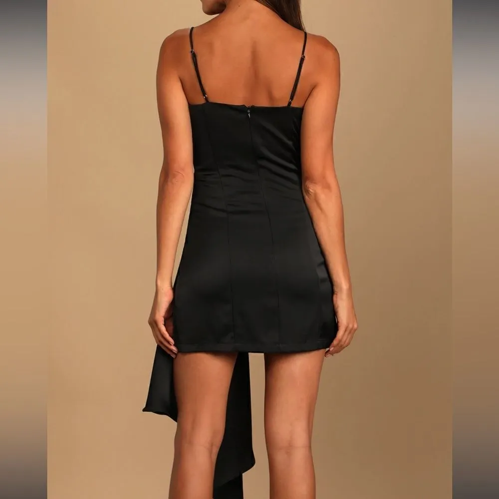 Lulus Romantic Allure Black Satin Asymmetrical Mini Dress - Image 4