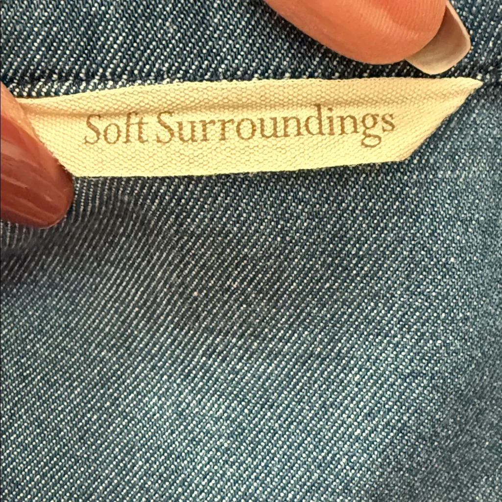 Soft Surroundings Blue Chambray Denim Button Up Sleeveless Waist Tie Midi Dress - Image 3