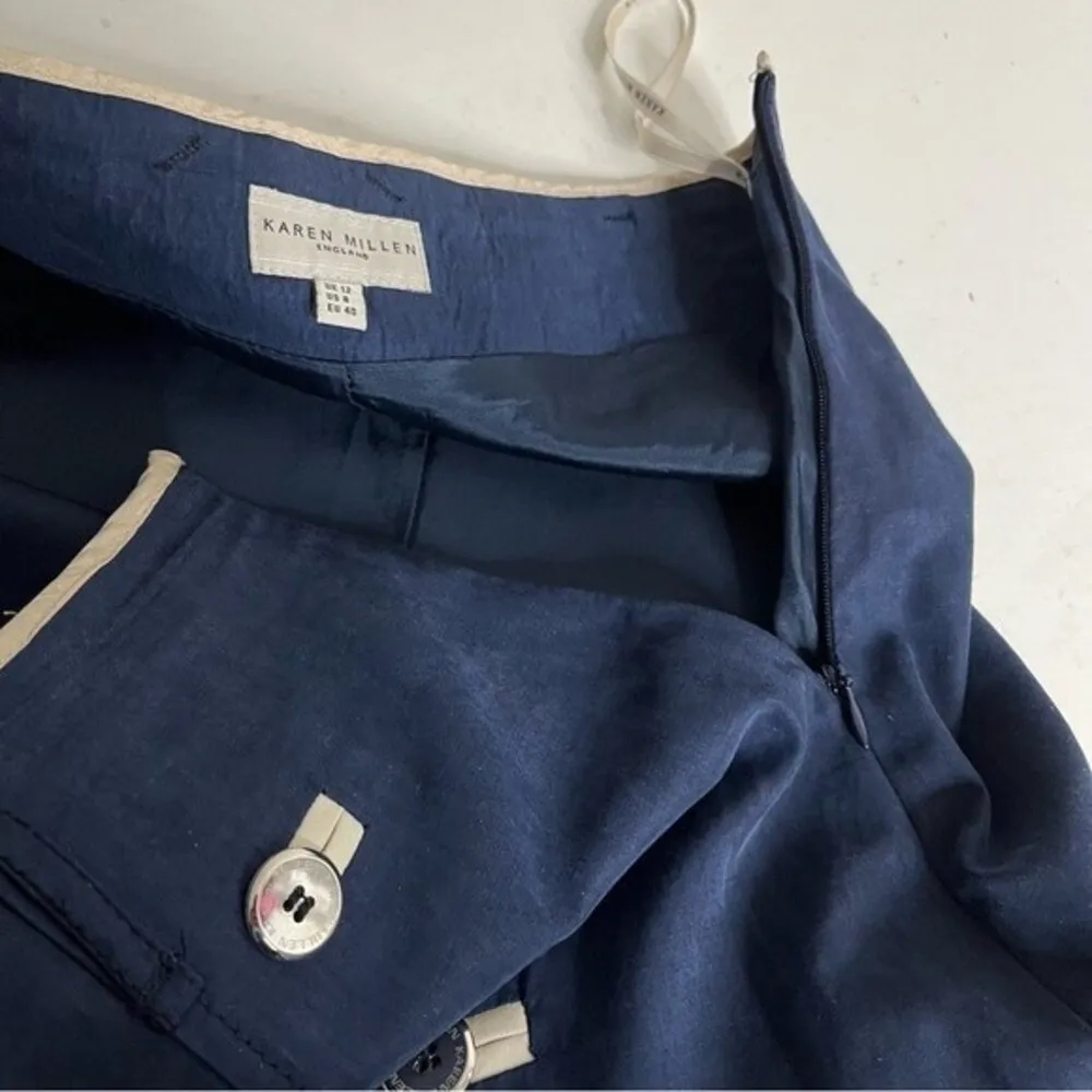 KAREN MILLEN ENGLAND Straight Skirt Nautical Navy Blue Size 8 Silver Buttons - Image 12