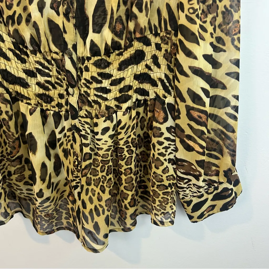 NWT Ashley Stewart Sheer Leopard Print Gold V-neck Button Down Top Size 14W - Image 8