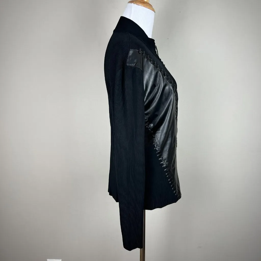 Yuka Sweater Jacket Womens Large Black Faux Leather Ribbed Knit Zip Whip Stitch‎ - Image 8