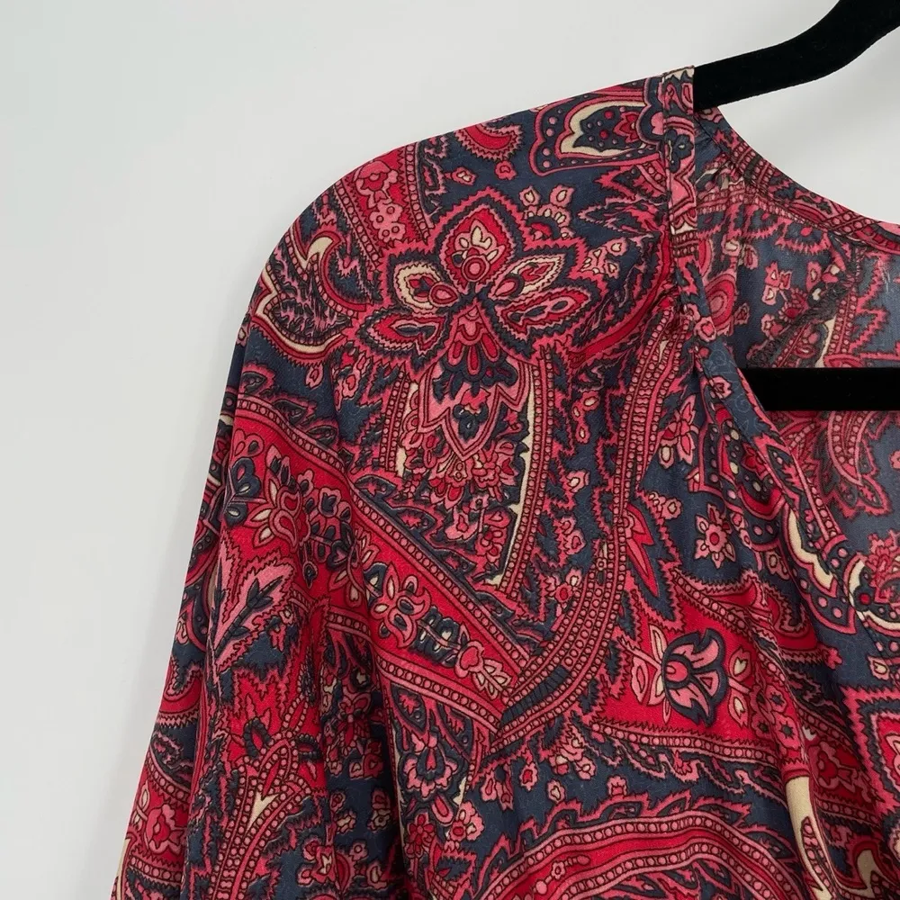 Bohme Anthropologie Long Sleeve V-Neck Paisley Bohemian Red Ruffle Midi Dress Sm - Image 3