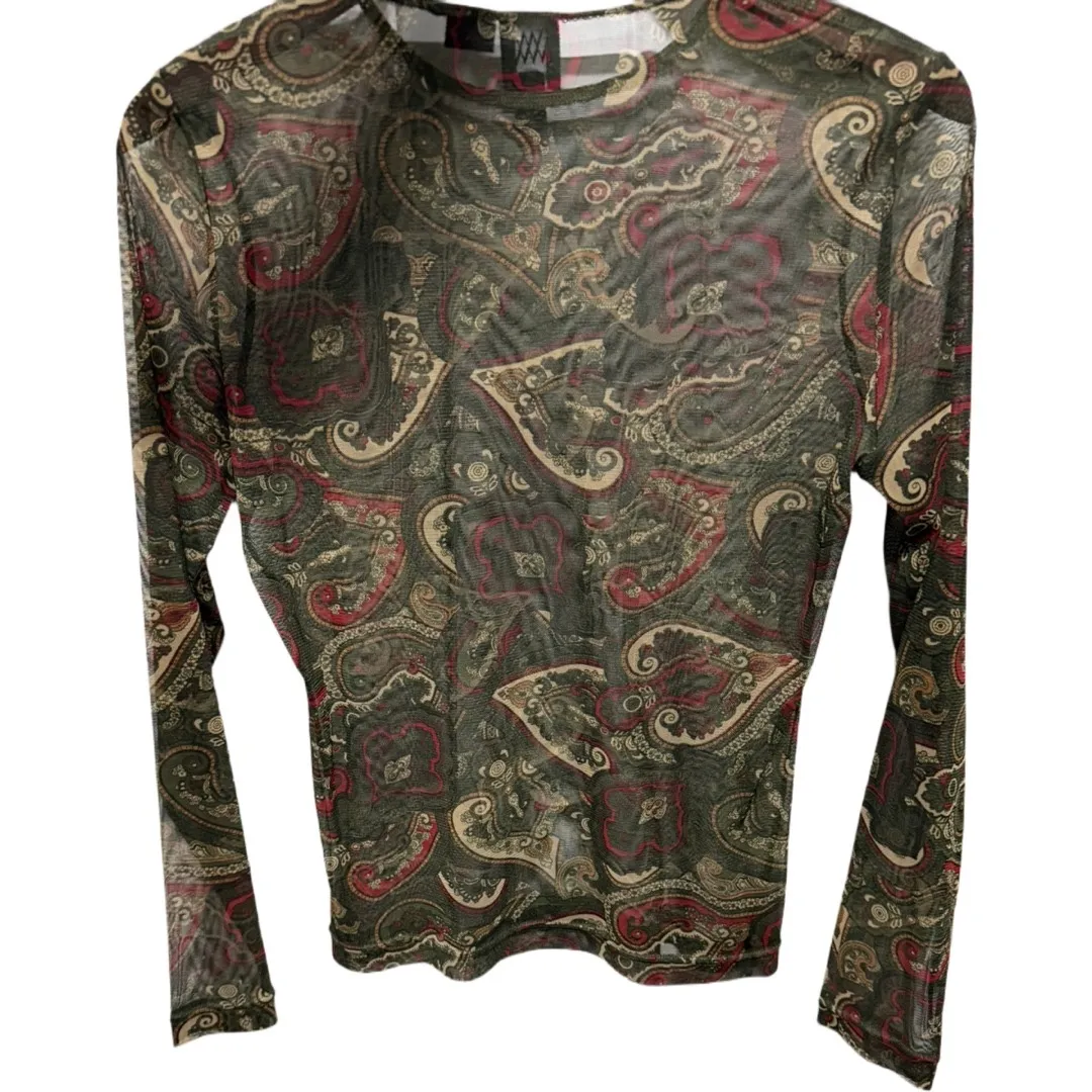 Y2K Vintage Romantic Boho Paisley Print Long Sleeve Sheer Top w Scarf Small Green - Image 4