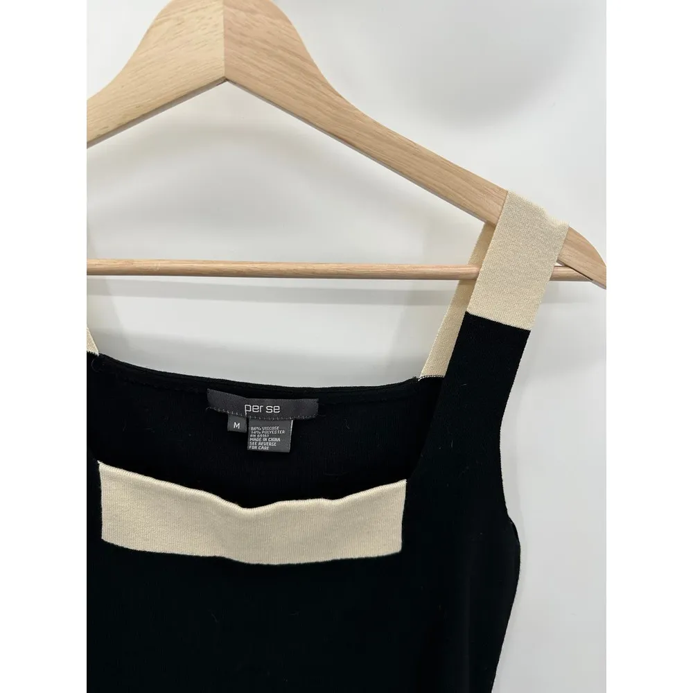 Per Se Blouse Women M Black Cream Square Neck Sleeveless Stretch Viscose Blend - Image 3