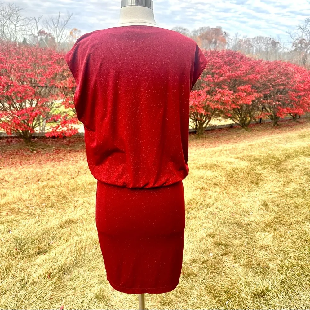 ALICE + OLIVIA MAROON BURGUNDY WINE GLITTER METALLIC DRAPEY COWL NECK MINI DRESS - Image 10