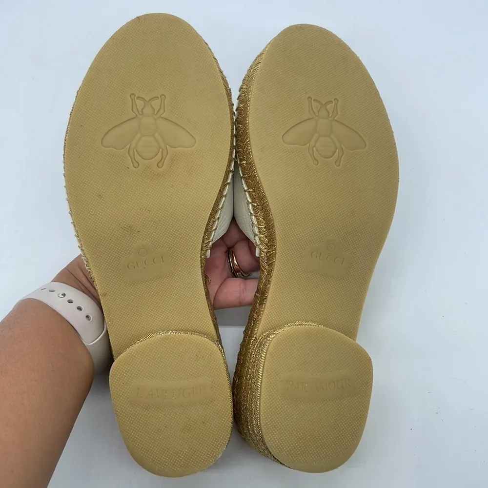Gucci Ivory Gold GG interlocking heeled espadrille mules 37 - Image 7