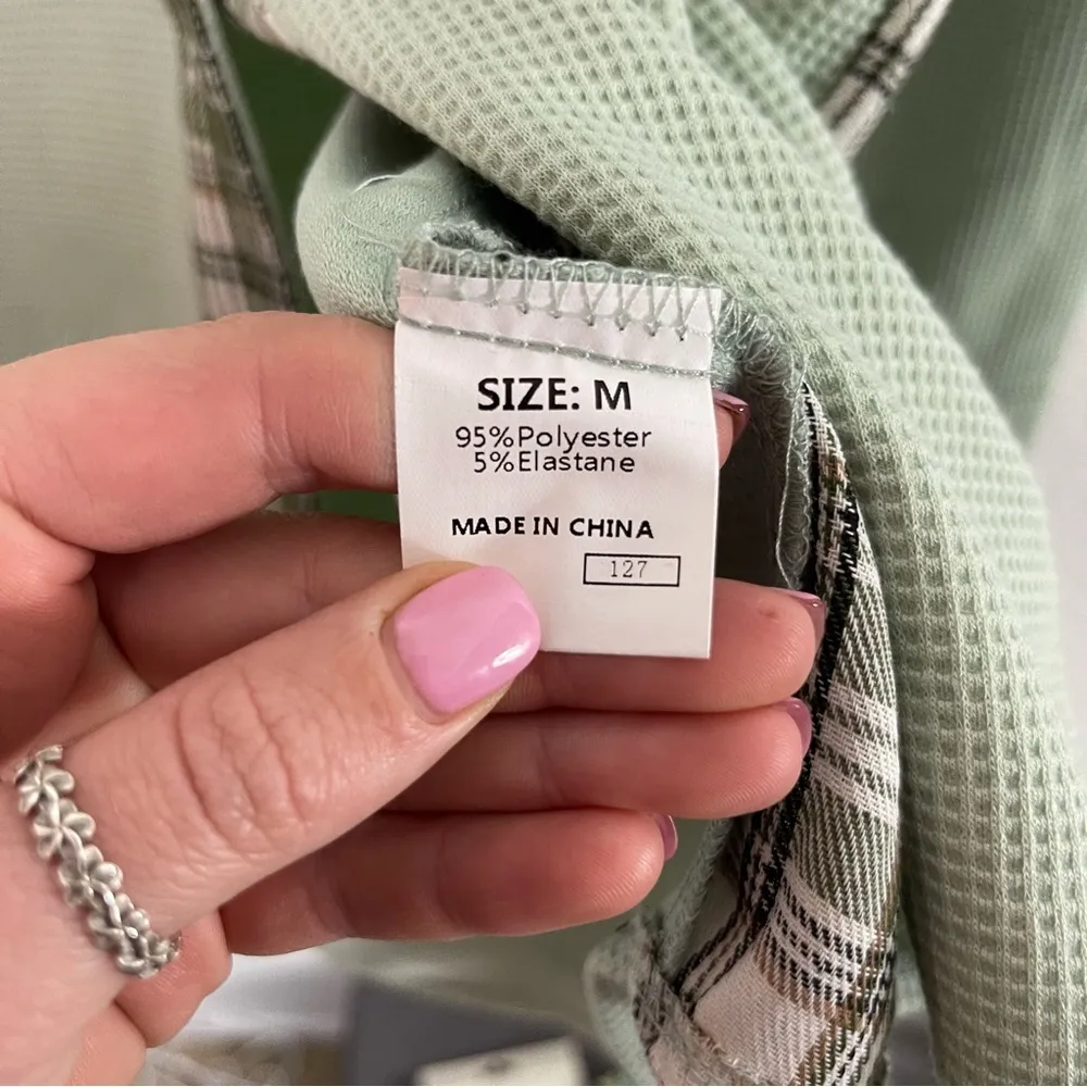 Light Green Plaid Button Down Collared Jacket M Size M - Image 6