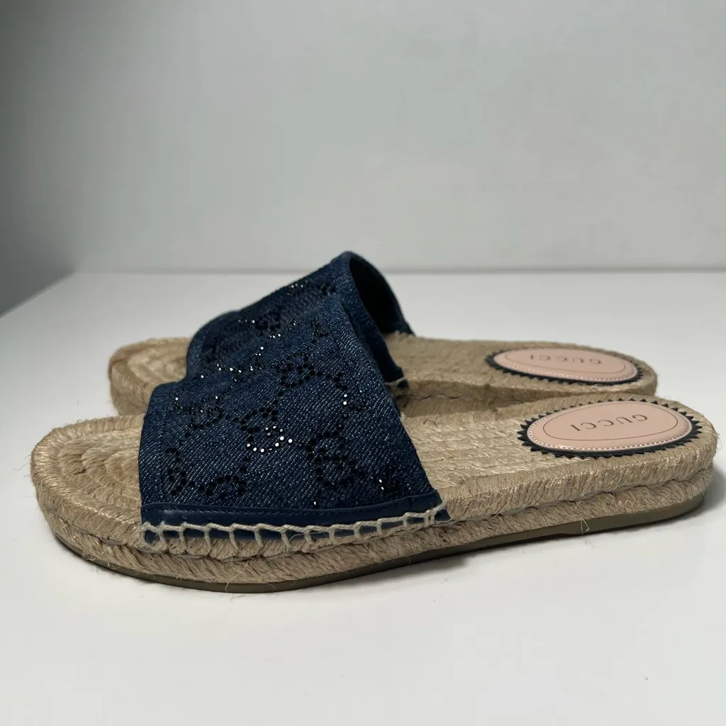 Gucci GG Blue Denim Rhinestone Glitter Slip On Espadrille Slide Sandals - Image 12
