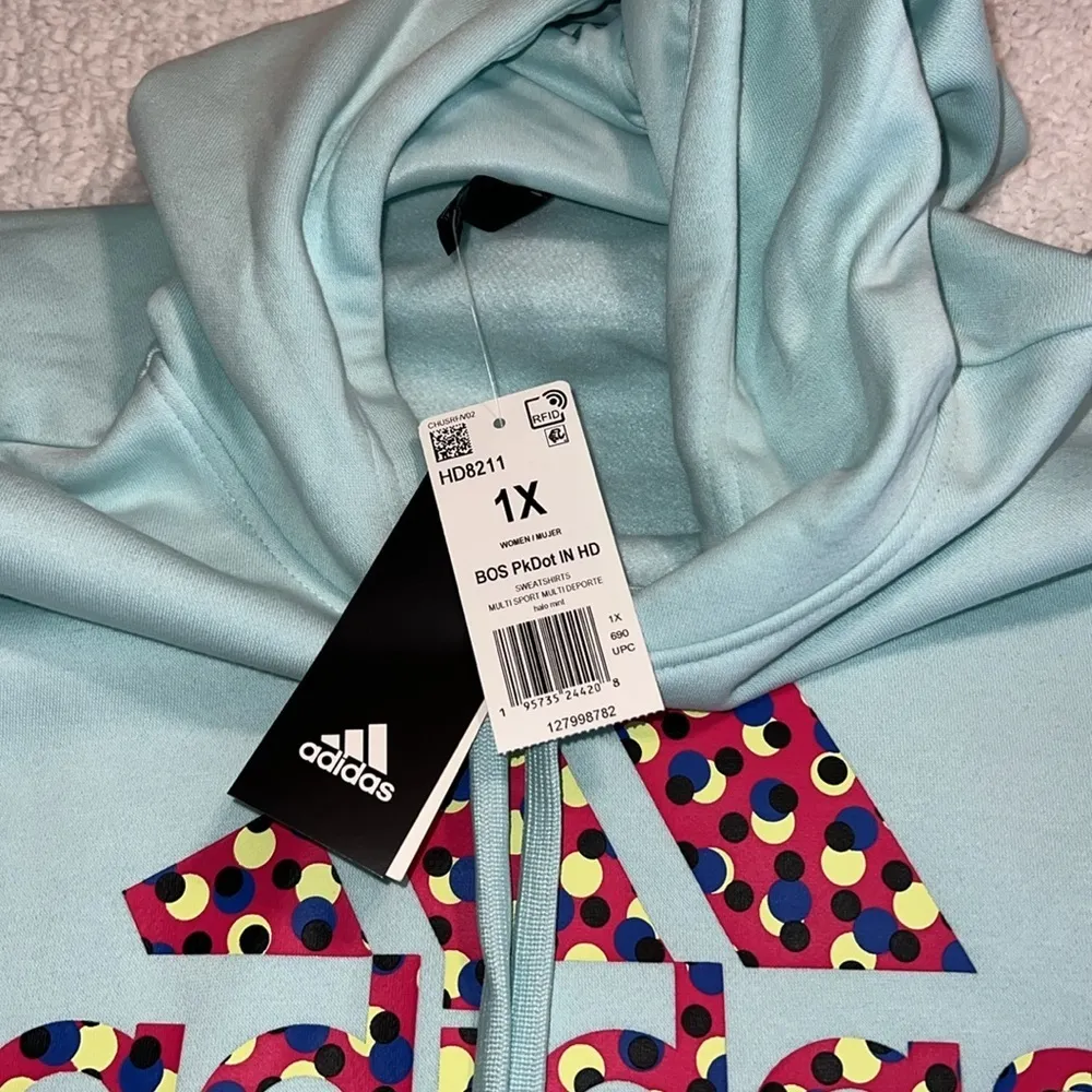 Adidas size 1X halo mint graphic fleece hoodie drawstring hood kangaroo pocket - Image 4