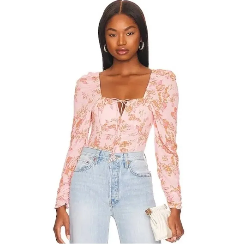 Free People floral top hillary square neck tie front long sleeve bow boho blush - Image 13