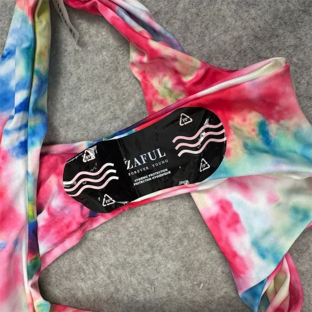 Zaful Women's Tie Dye Lace-Up Bikini Set High-Leg Size 4 Multicolor - Image 6