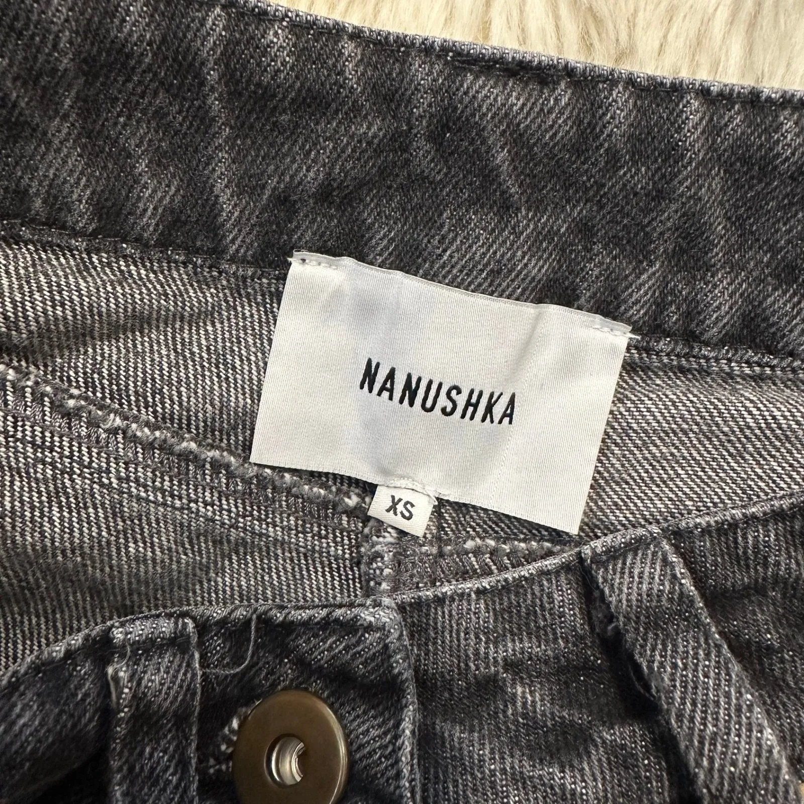 Nanushka Pyramid Cropped Wide Leg Jeans XS Washed Black Frayed Hem Patch‎ Size 24 - Image 5