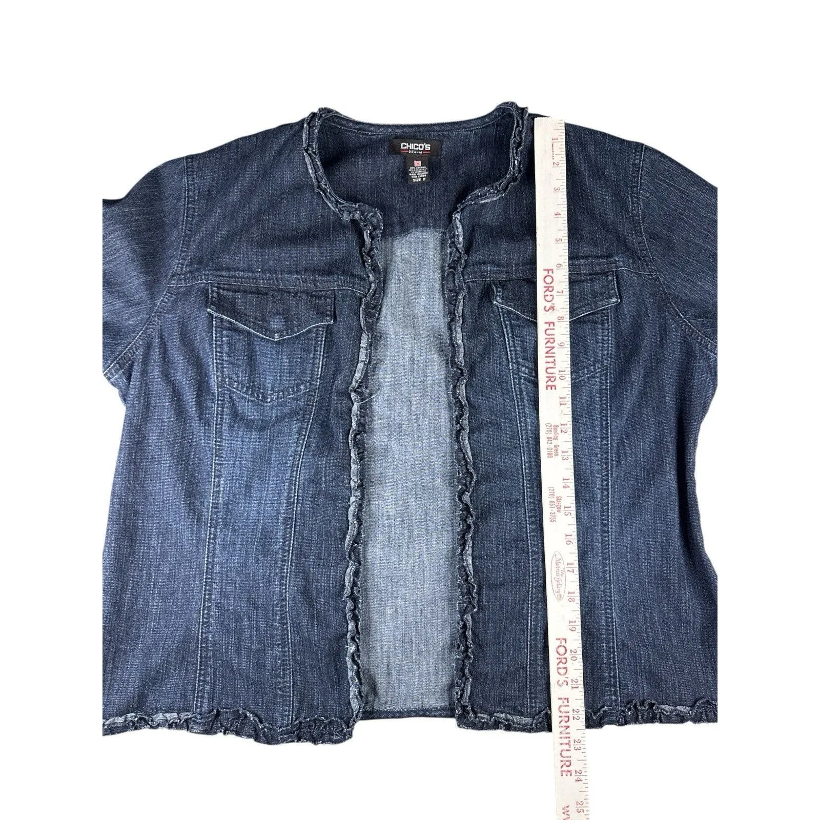 Chico’s Denim Jacket Size 2 Dark Wash Open Front Ruffle Trim Hem Casual Layering - Image 6