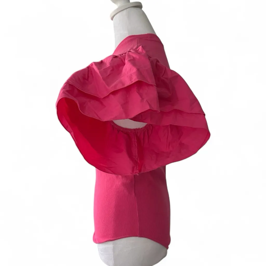 Zara Fuchsia Puff Sleeve Bodysuit Women's  Rib Flutter Ruffle Sleeve Thong Sz L - Image 3