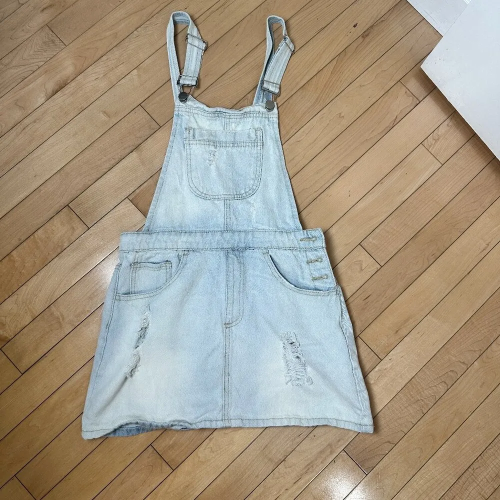FOREVER 21 Distressed Denim Jeans Overalls Dress Skirt Size Small - Image 2