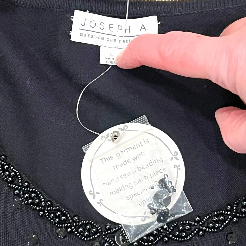 Black Beaded Sweater w/ raised ribbon flowers Sz Large Joseph A. Cardigan - Image 3